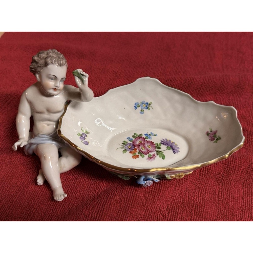 Antique Dresden Porcelain Cherub Putti Digital Dish Hand painted 8"